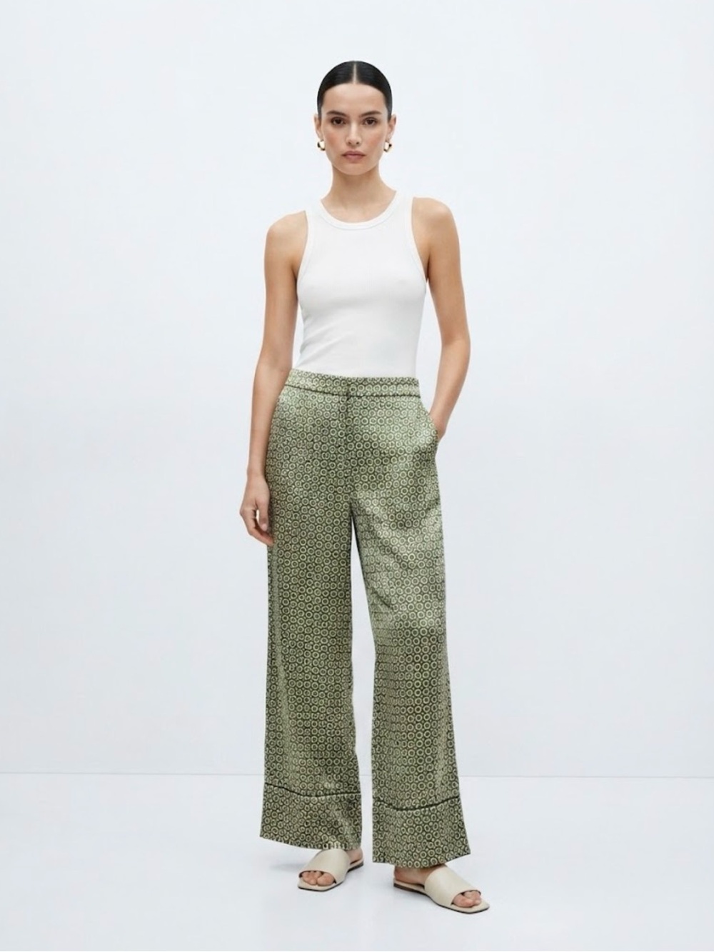 Zara Green Geometric Print Satin Wide Leg Trousers Pants XL